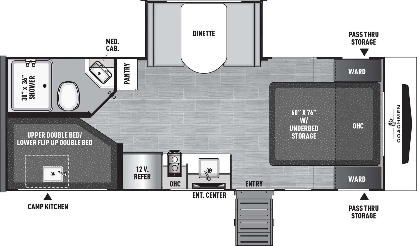 The Freedom Express Select 21SE floorplan has one entry and one slide out. Exterior features include: fiberglass exterior, 17' awning and outside kitchen. Interiors features include: bunk beds and front bedroom.